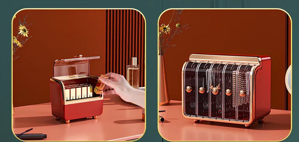 Light luxury plastic storage drawer in green for cosmetics, 25cm x 15cm with divided compartments for brushes and lipsticks