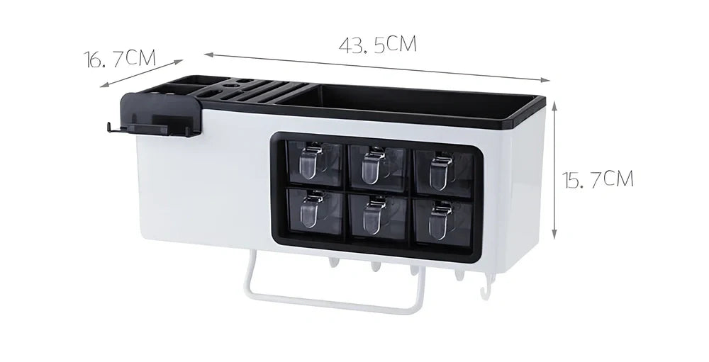 White wall-mounted plastic storage jar with pull-out transparent drawers for seasonings and kitchen utensils, dimensions 43.5cm x 16.7cm x 15.7cm