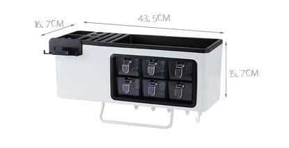 White wall-mounted plastic storage jar with pull-out transparent drawers for seasonings and kitchen utensils, dimensions 43.5cm x 16.7cm x 15.7cm