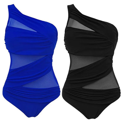 Women's plus size one-piece swimsuit in solid colour nylon with chest pad, available in black, blue, and red, sizes M to 4XL.