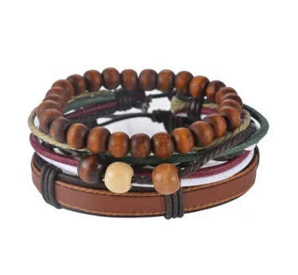 Hand-woven brown leather bracelet with wooden beads and rope detailing on a wrist.