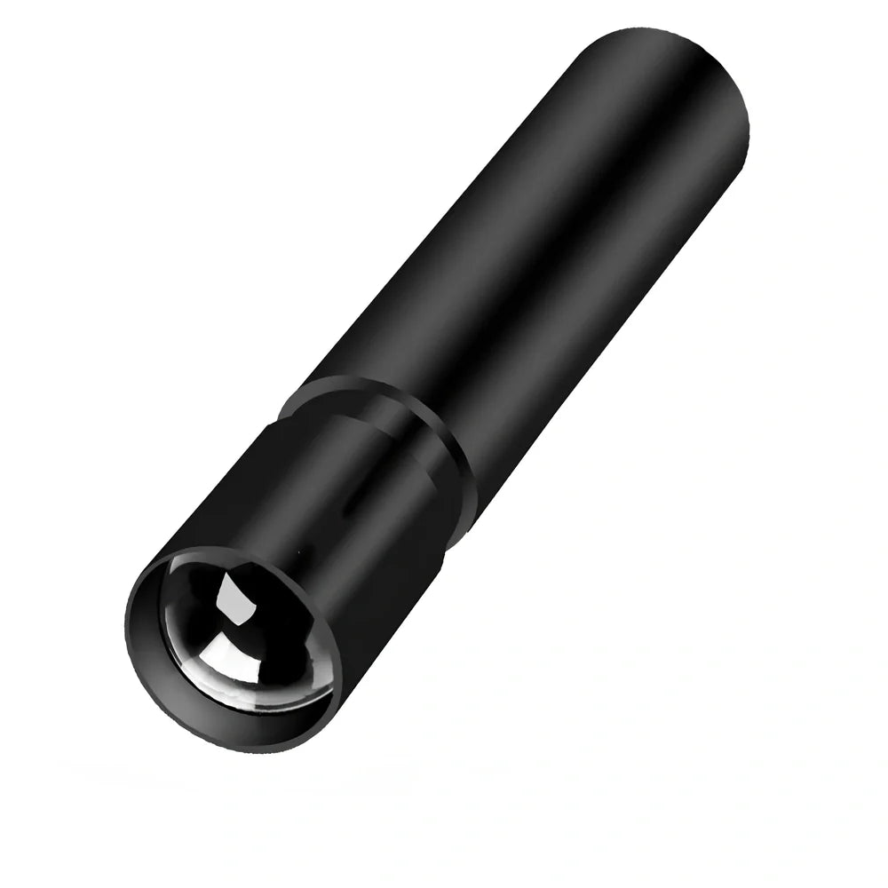 Black aluminium alloy USB rechargeable flashlight with 300m beam range measuring 8.5x2x2cm
