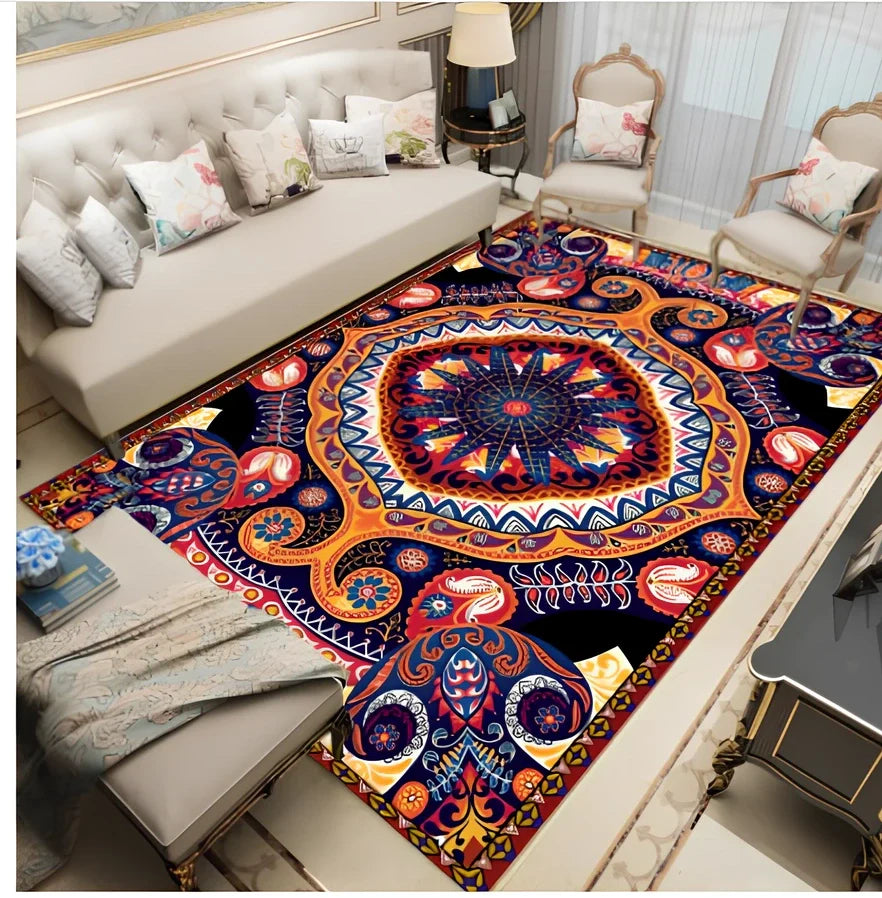 Rectangular Persian floral carpet with machine-woven polyester construction in modern design