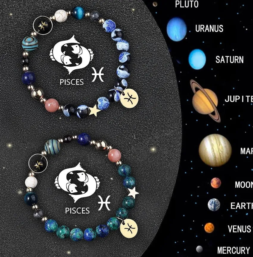 Twelve Zodiac Sign beaded bracelet set with natural stone beads and adjustable closure on wrist