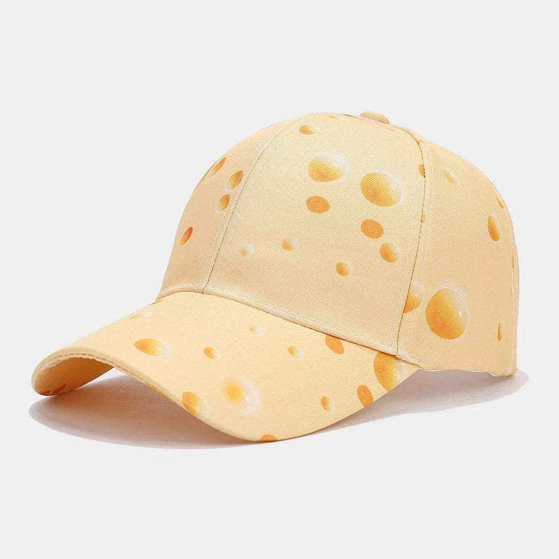 Cheese pattern personalised peaked cap with full print dome crown, adjustable size for sun protection, wind resistance and breathable comfort in polyester fabric