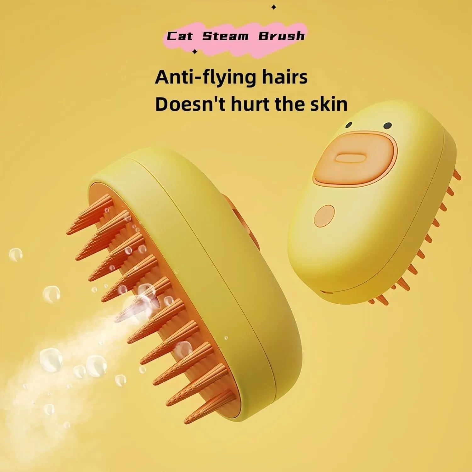 White or yellow pet steam brush with silicone comb teeth, rechargeable spray, and water tank for grooming cats and dogs