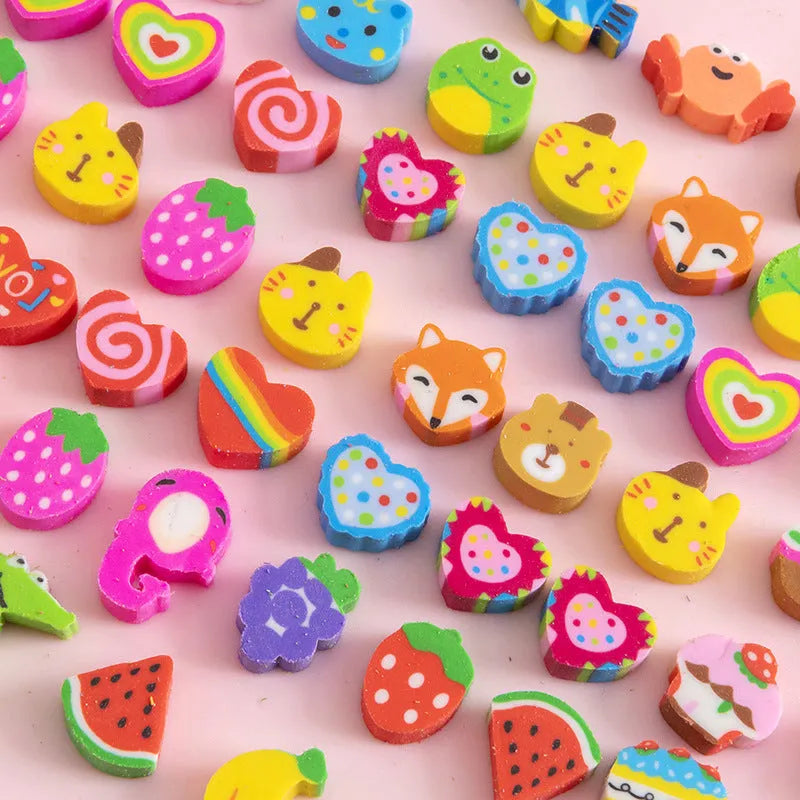 Miniature Cartoon Erasers Set of 50 PC Pearlescent Film Bags TPR Material Fruit Animal Cake Love Numbers Marine Christmas Ball Theme 1-1.5cm Single Size for Prizes Gifts