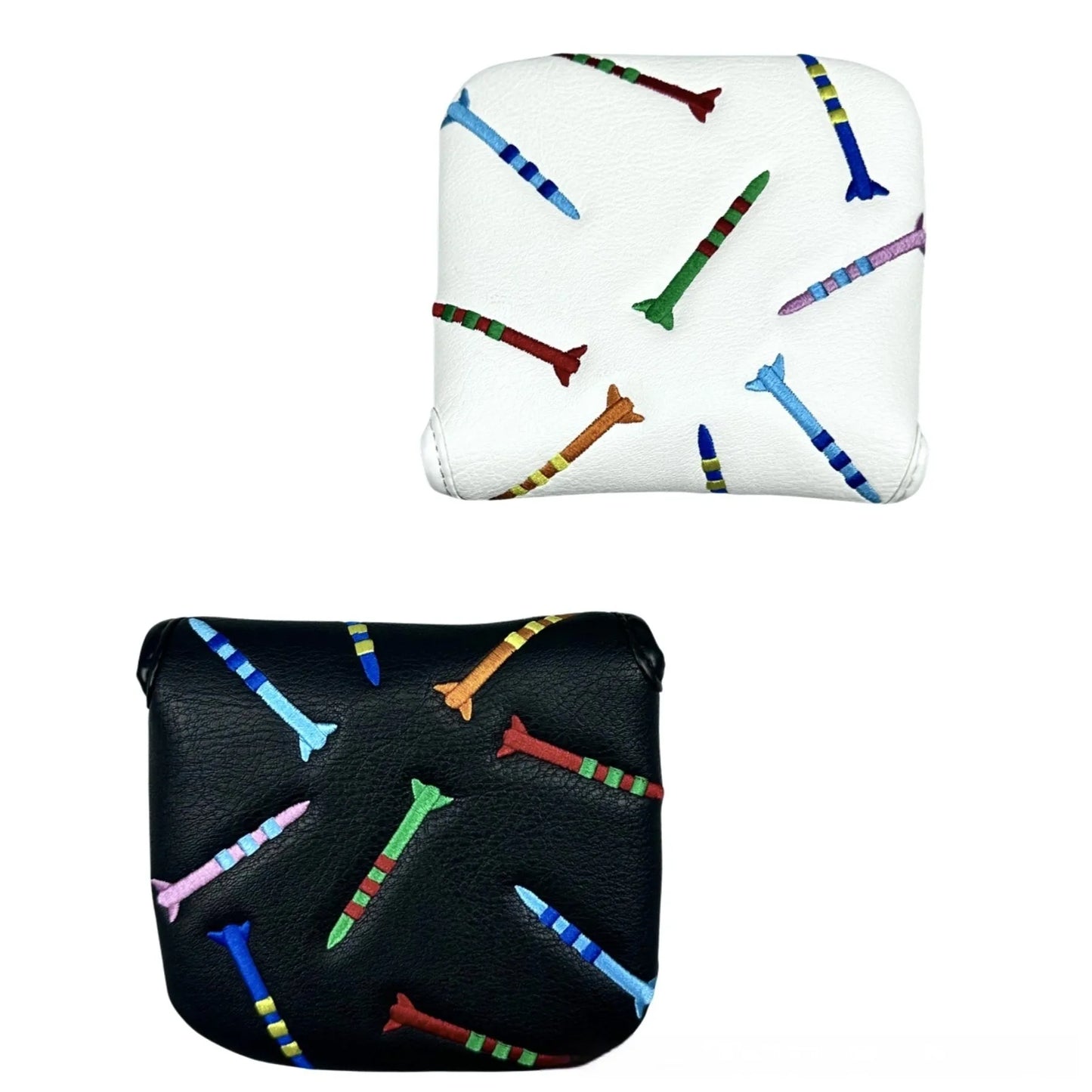 Black and white golf putter protective sleeve with rocket pattern design for square heads