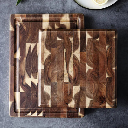 Brown solid acacia wood cutting board with 3cm thick edge, shown in large and small size options.