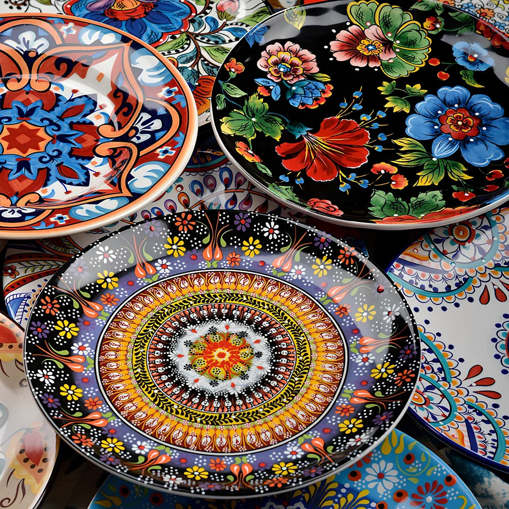 Underglaze ceramic bowl with Bohemian floral pattern in blue mandarin duck design, 8 inch diameter