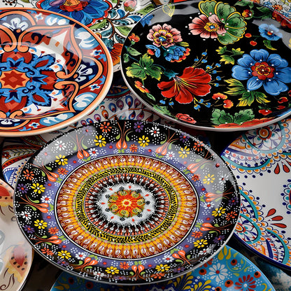 Underglaze ceramic bowl with Bohemian floral pattern in blue mandarin duck design, 8 inch diameter