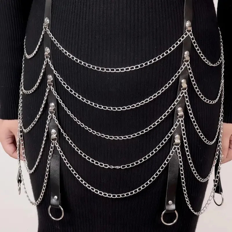 Black PU leather bandage-style waist chain clothing ornament for women