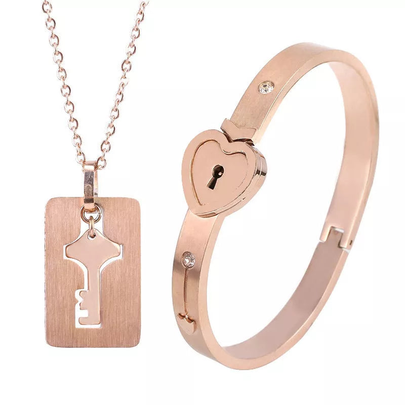 Titanium Steel Couple Love Lock Bracelet and Key Set in various colors
