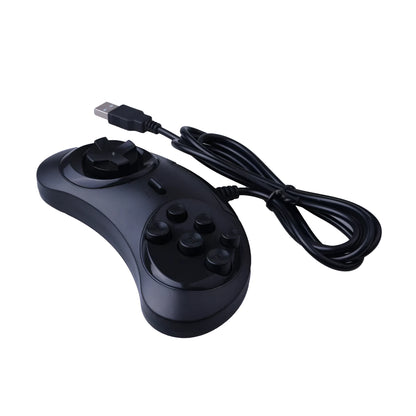 Black Sega-style USB game controller for PC with a long braided cable on a desk