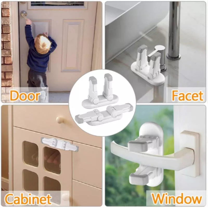 Multi-function door handle lock in white and grey, safe for babies and pets