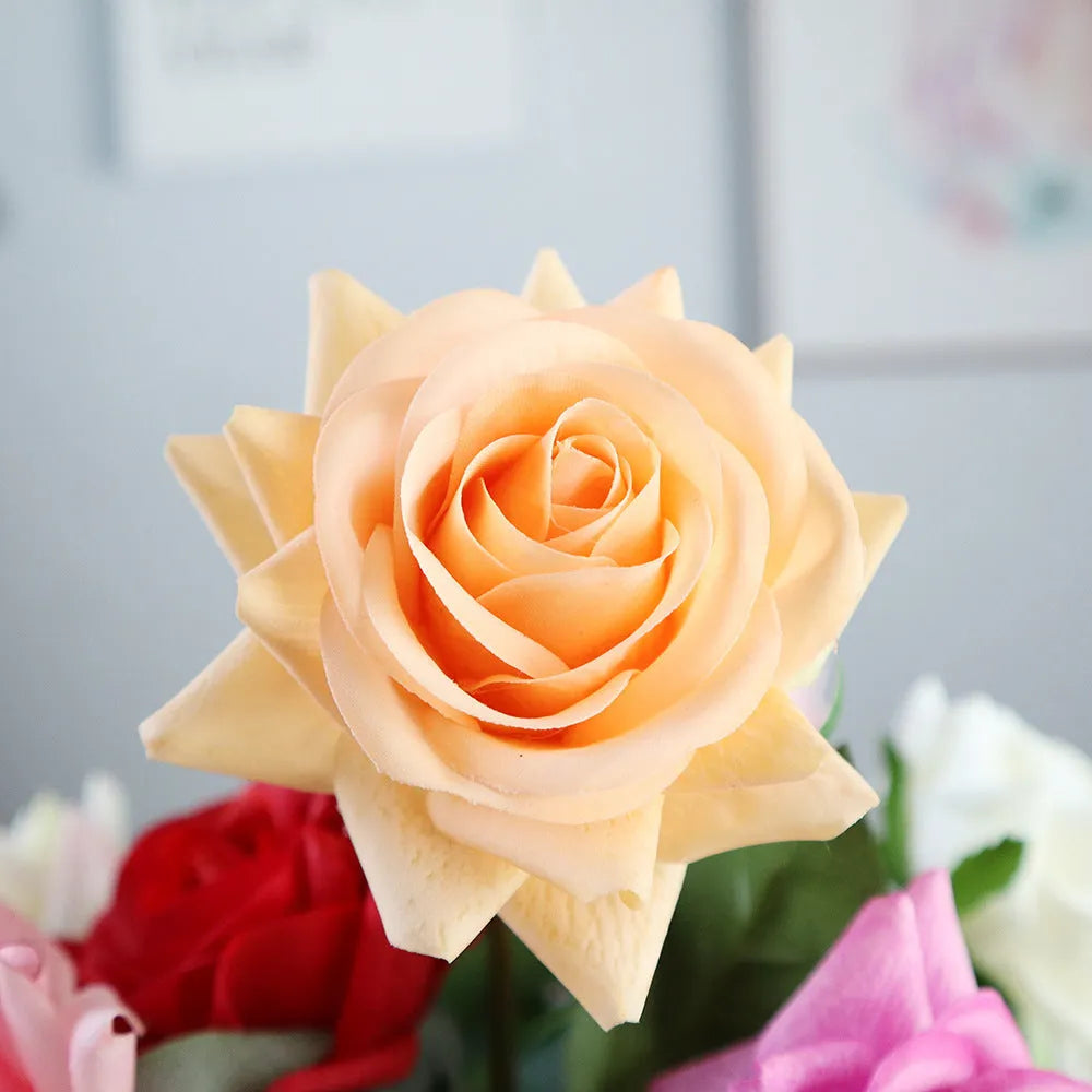 Artificial silk touch rose with fabric petals, approximately 42cm long, in a selection of colours