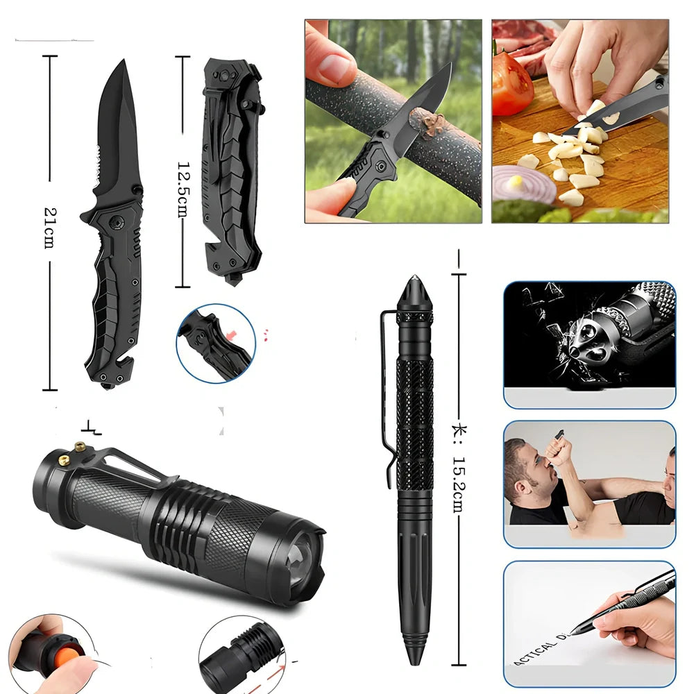 Brown tactical bag holding 13-piece survival kit with knife, compass, blanket, and wire saw for emergency use