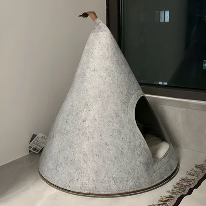 Grey felt cone-shaped cat house with tent design for indoor pets