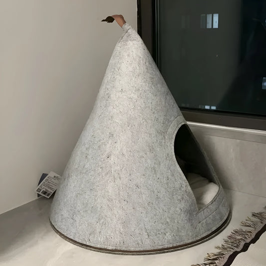 Grey felt cone-shaped cat house with tent design for indoor pets