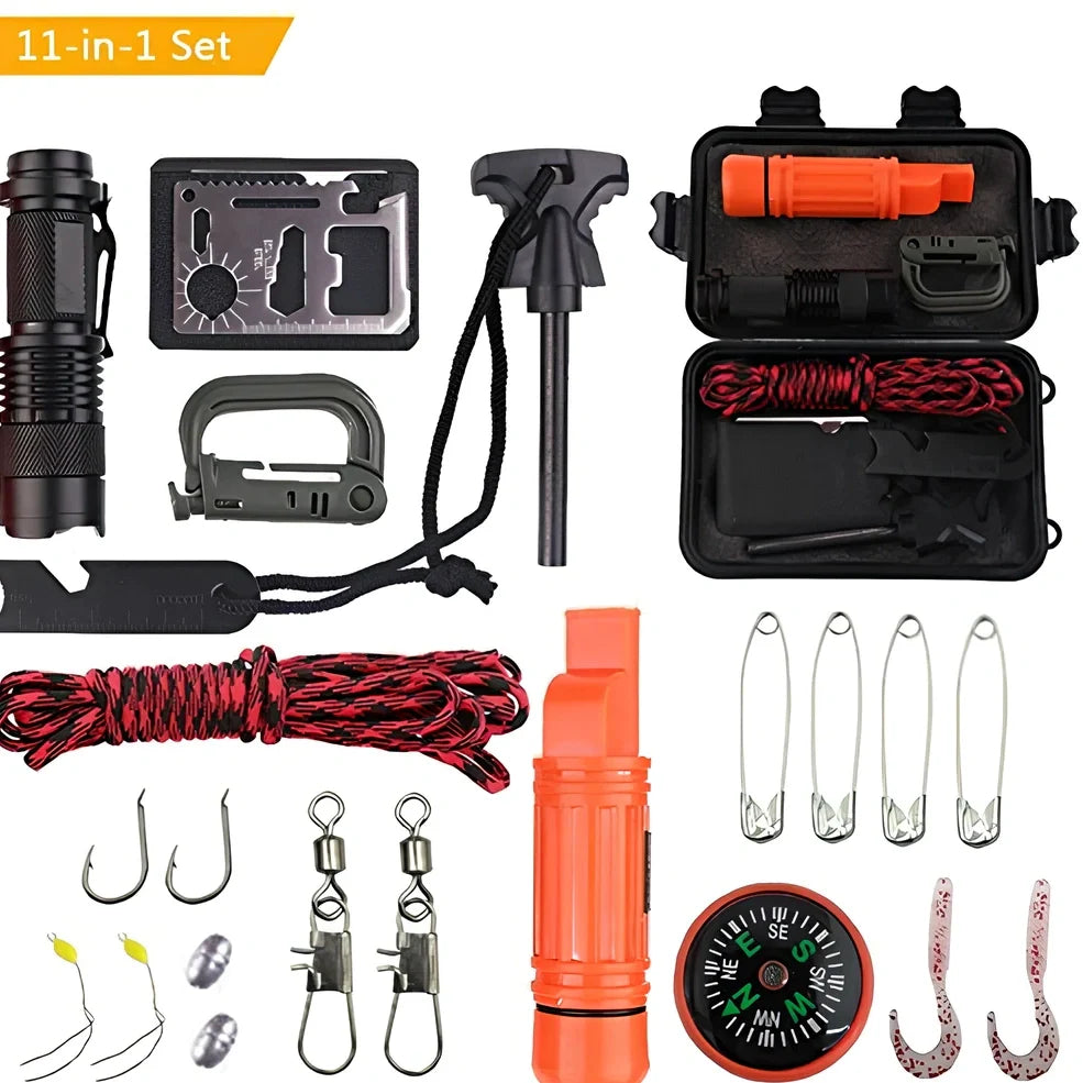 Outdoor survival tool set with compass, whistle, rope, and fishing gear in 168×105×48mm black box