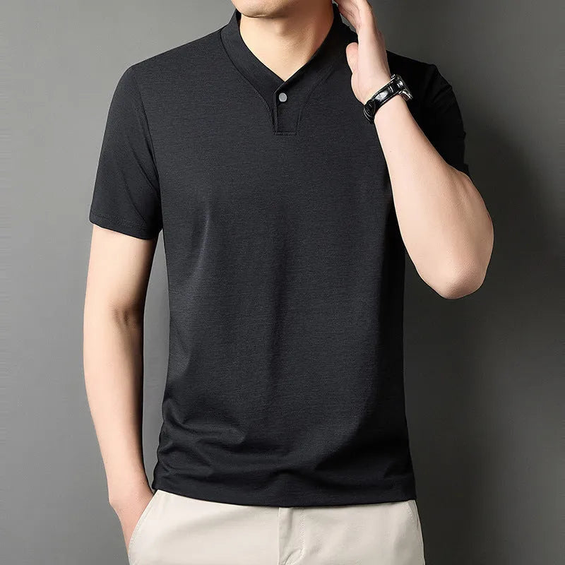 Men's short sleeve casual t-shirt with a zipper front detail, shown in one of the available colours.