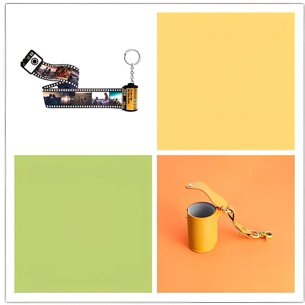 Yellow plastic film roll keychain with custom photo insertion compartment measuring 7cm