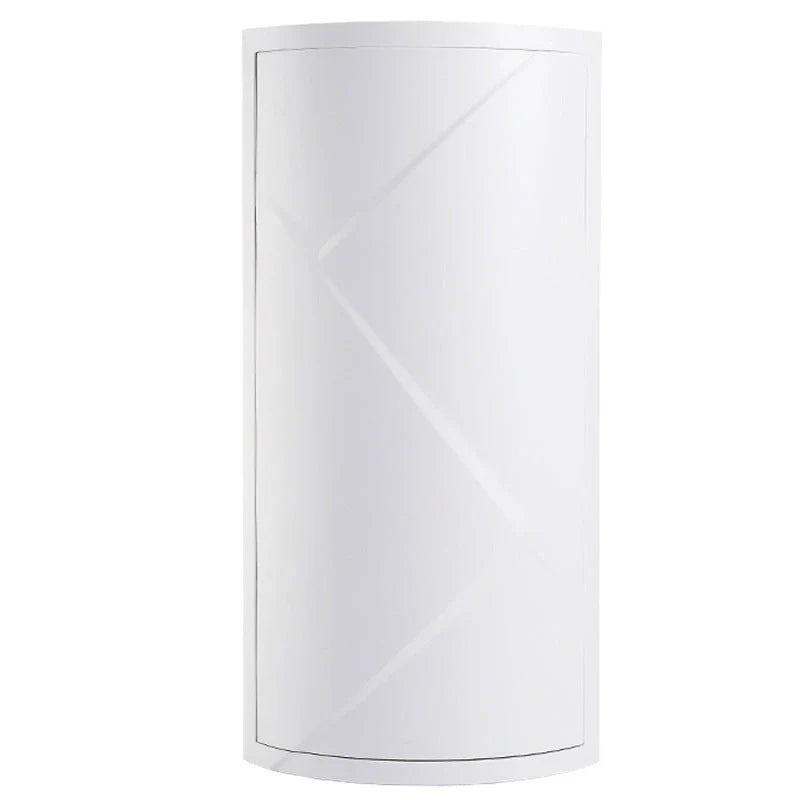 Rotatable bathroom storage organizer with a sleek, white plastic design and a covered front panel to protect against dust.