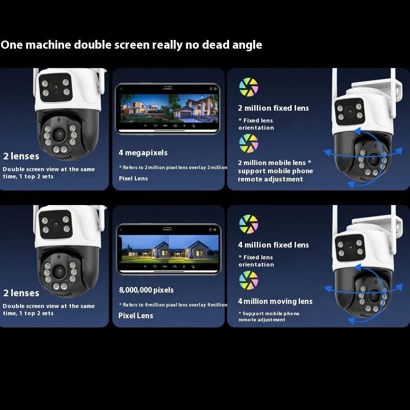Outdoor wireless surveillance camera with binocular lens and a separate dual-screen remote monitor.