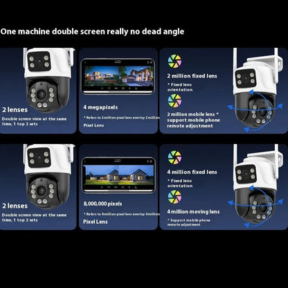 Outdoor wireless surveillance camera with binocular lens and a separate dual-screen remote monitor.