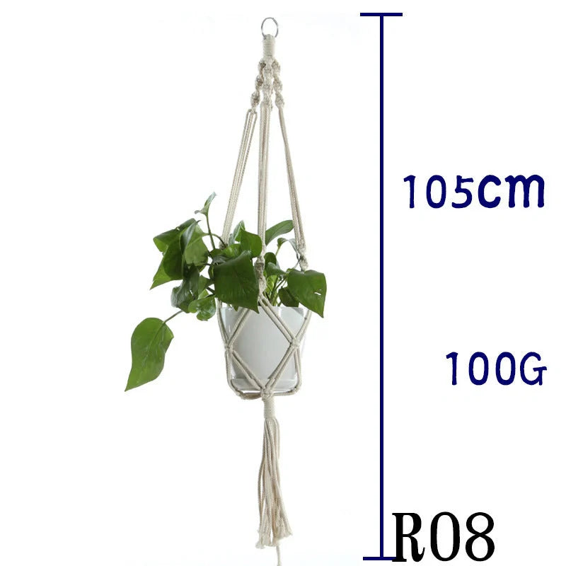 Beige cotton rope hanging basket with various styles for indoor plant display