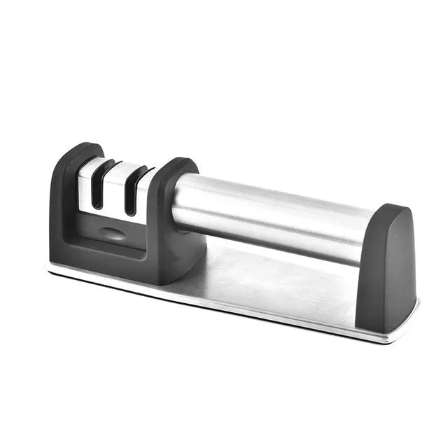 Black ABS plastic manual kitchen knife sharpener with an ergonomic handle.