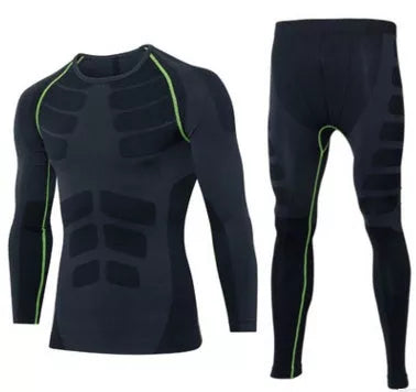 Men's compression training suit in black with red, green, or gray lines for fitness enthusiasts