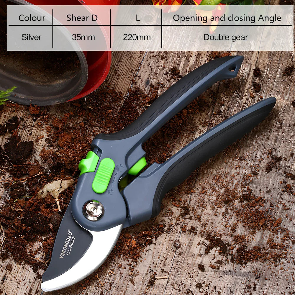 Professional metal garden shears with polished blades and ergonomic handles for branch pruning