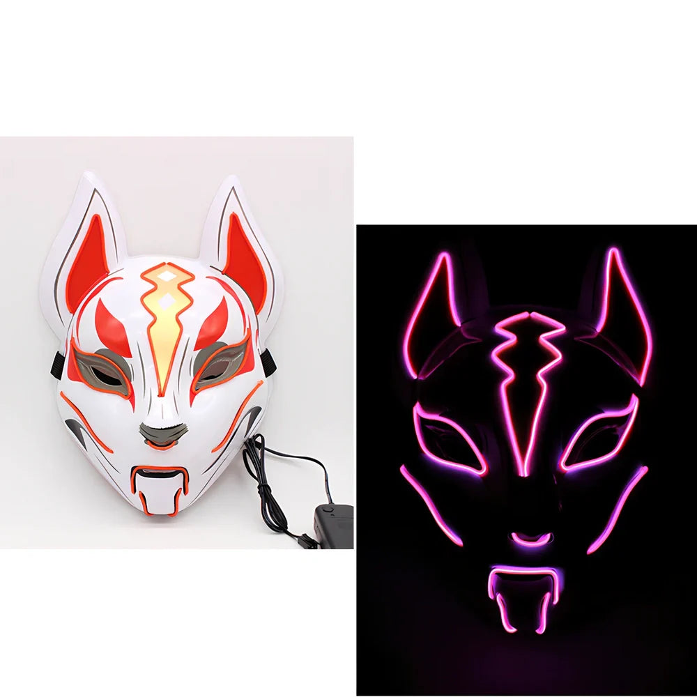 Glowing blue cat face mask with LED illumination measuring 28cm by 18cm for cosplay and Halloween events