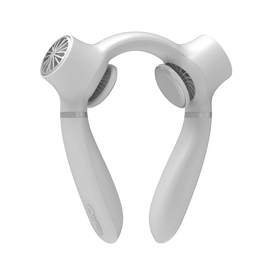 USB rechargeable neck fan with semiconductor cooling in white, dark blue, or light green colours