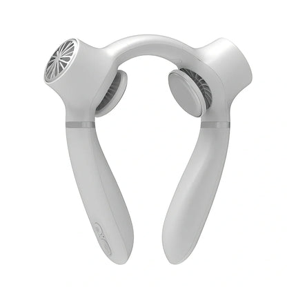 USB rechargeable neck fan with semiconductor cooling in white, dark blue, or light green colours