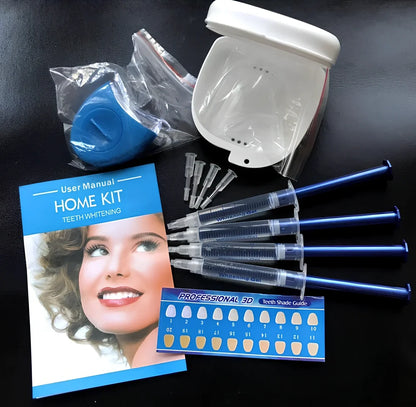Teeth whitening gel kit with thermoform trays, cold light lamp, 10 gel syringes, and 3D shade guide showing 7-10 improvement