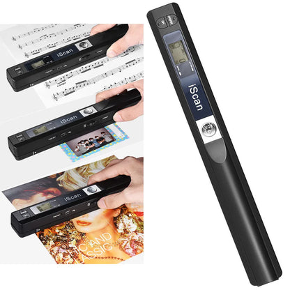 Handheld plastic barcode scanner in five colour options: black, blue, green, red, and silver.