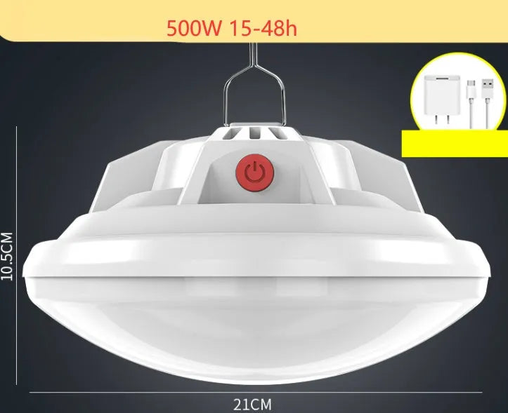 Rechargeable LED camp light with 18650 battery showing illumination radius of 15-40 metres