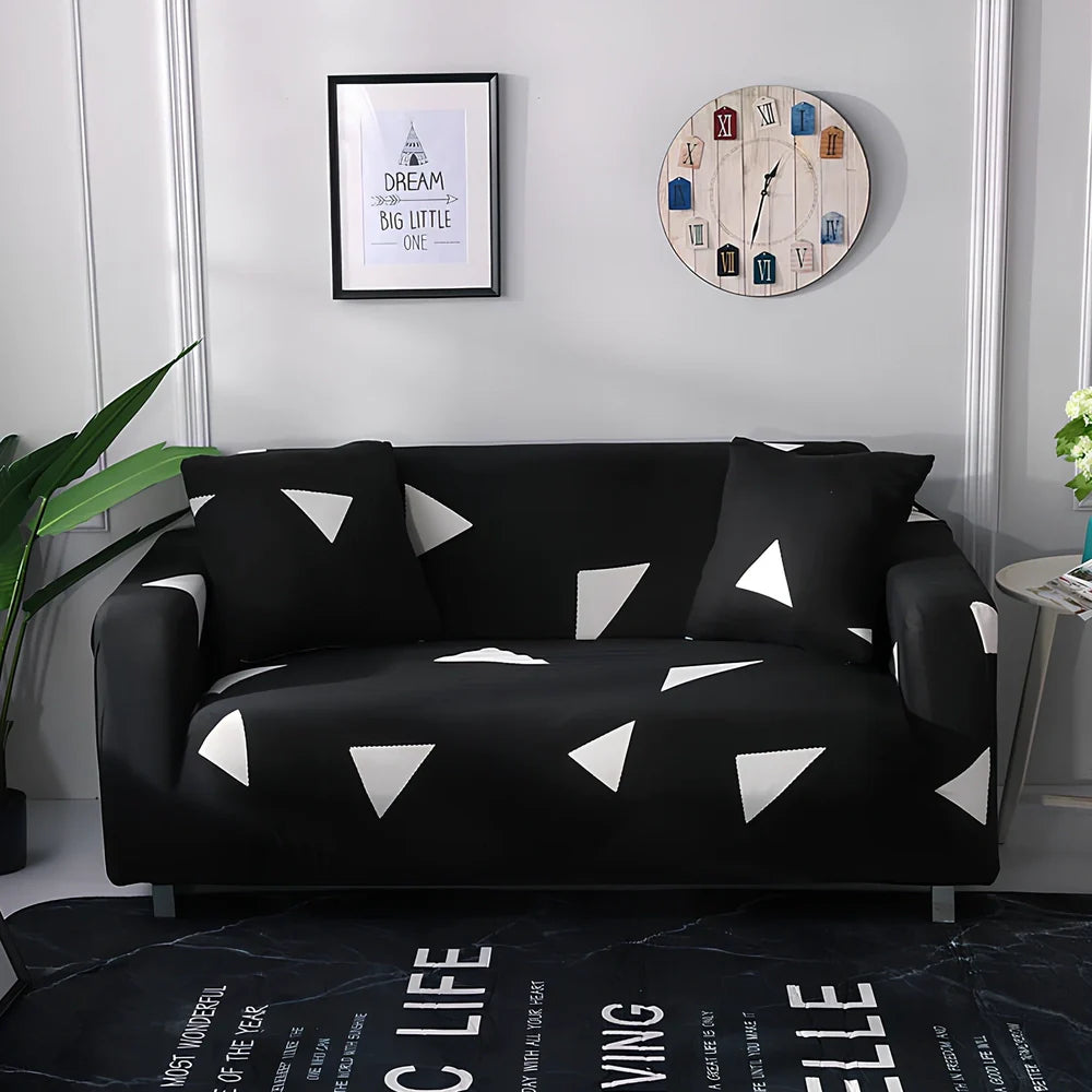 Elastic sofa cover with stripe pattern stretched over 3-seat sofa in living room setting