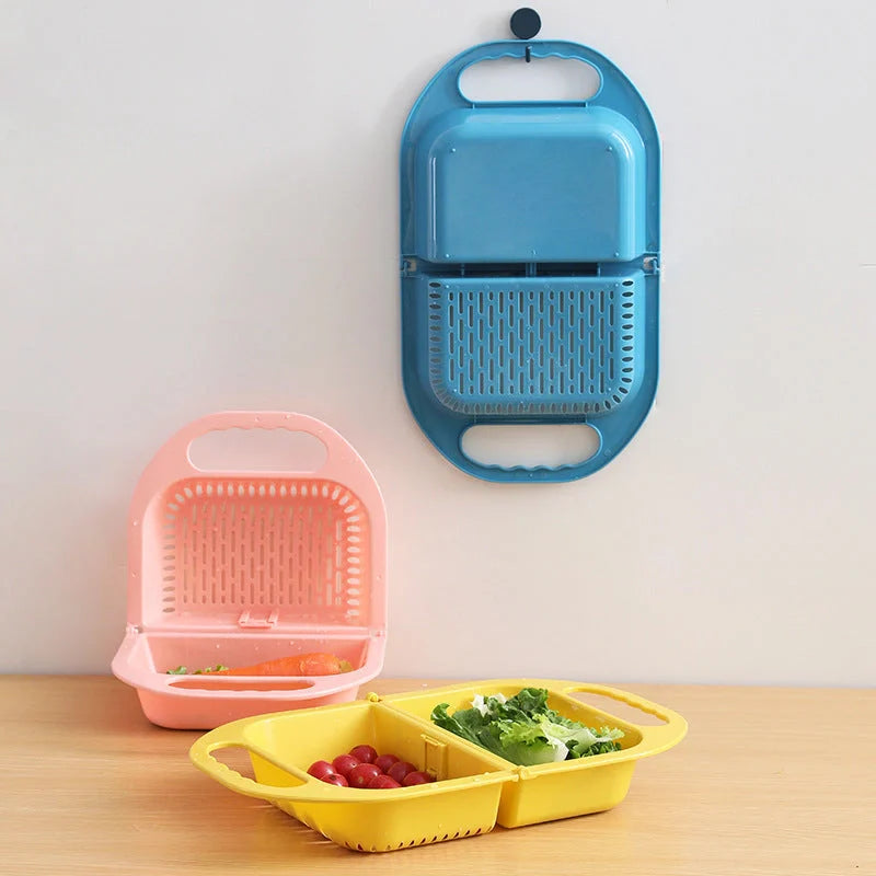 Folding drain basket for efficient fruit and vegetable cleaning with handle
