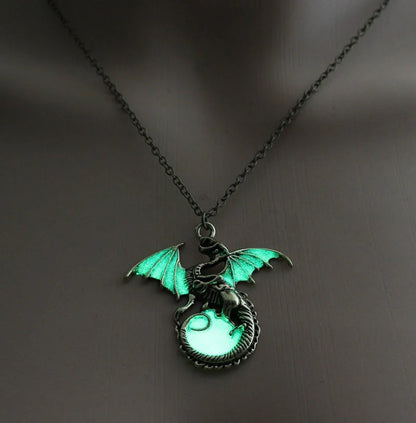 Glowing Vintage Flying Dragon Necklace with luminous pendant in ancient bronze and silver plating options