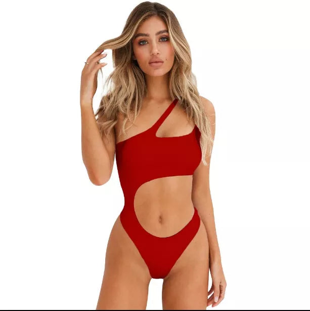 Women's single shoulder hollow waist one-piece swimsuit in solid colors