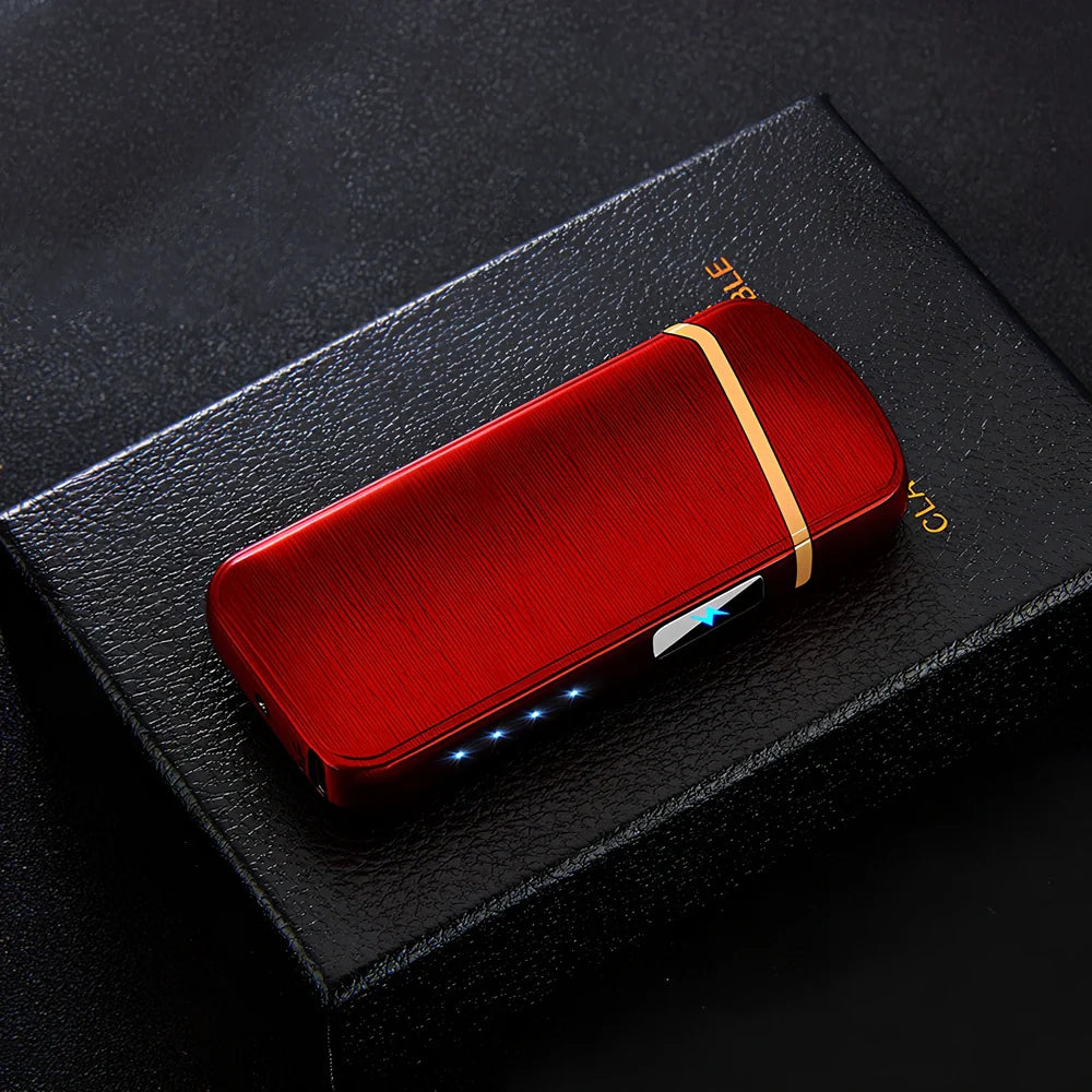 Zinc alloy charging lighter in black brushed finish, 80x35x13 mm with windproof arc and USB port