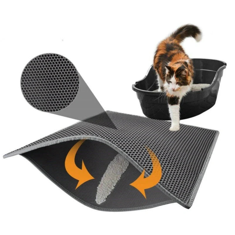 Deluxe Honeycomb Cat Litter Mat in various colors and sizes, featuring a waterproof base and high-elastic EVA foam design to effectively trap litter