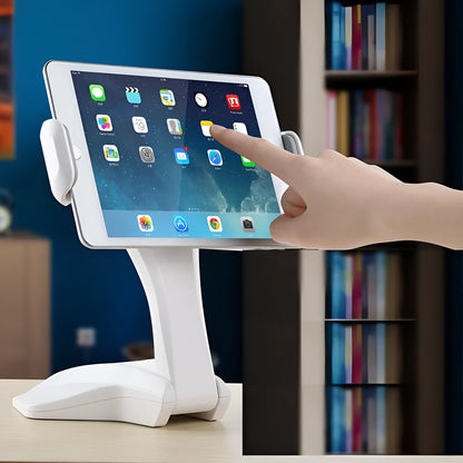 White universal tablet stand with adjustable metal clip for 7-15 inch devices