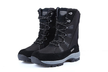 Women's mid-calf thermal snow boots in black with genuine leather upper and rubber sole for winter