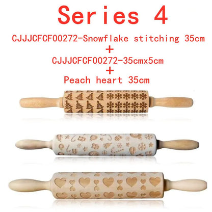 Wooden rolling pin with engraved Christmas patterns including reindeer and snowflakes on a 45cm long barrel.