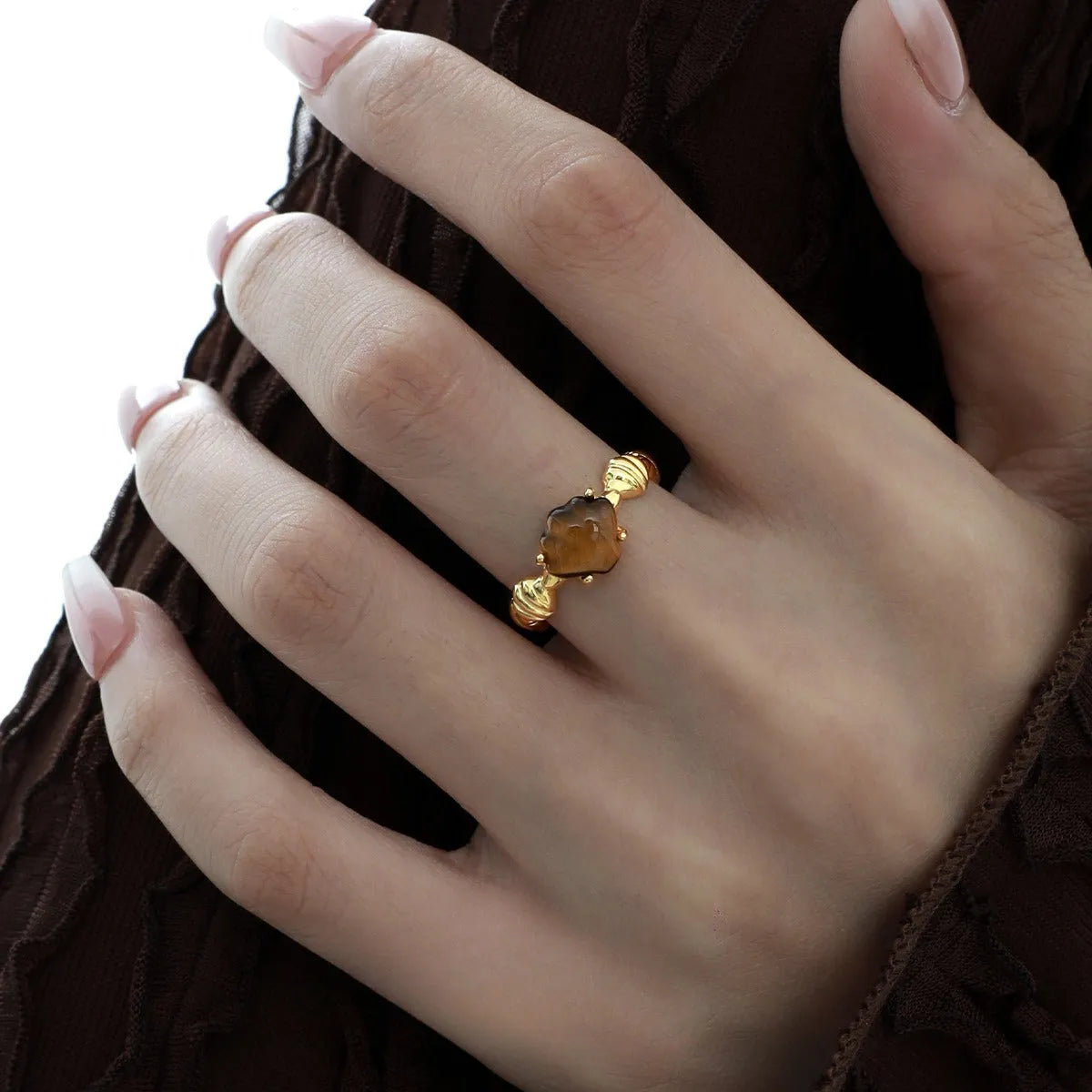 Adjustable silver women's ring with shell and tiger eye stone accents in electroplated 18K gold or white gold finish
