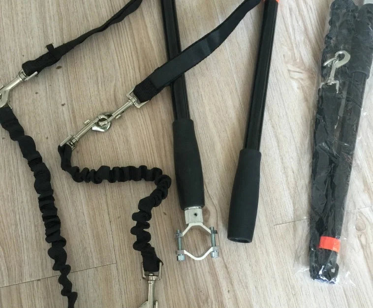 Bicycle walking dog leash with stainless steel rod and black rubber band belt